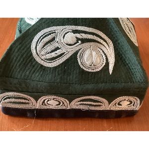 Uzbek traditional hat. Green with black edging white design.  Foldable.